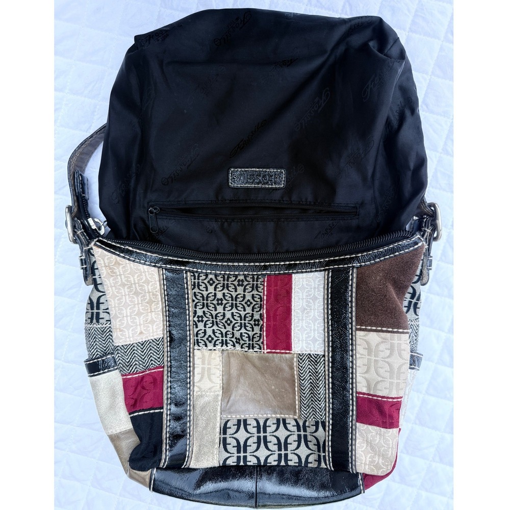 Fossil Vintage Y2K Patchwork Leather Monogram Canvas Suede Shoulder Bag Keyhole - Picture 3 of 9